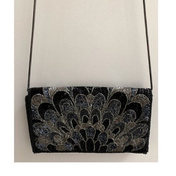 Black Fully Beaded Evening Shoulder Bag w Peacock Print - Picture 2 of 2
